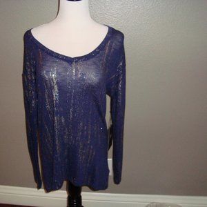 Rock & Republic Metallic Streaked Stretch V-Neck Top Long Sleeve Blue/Hemat sz L